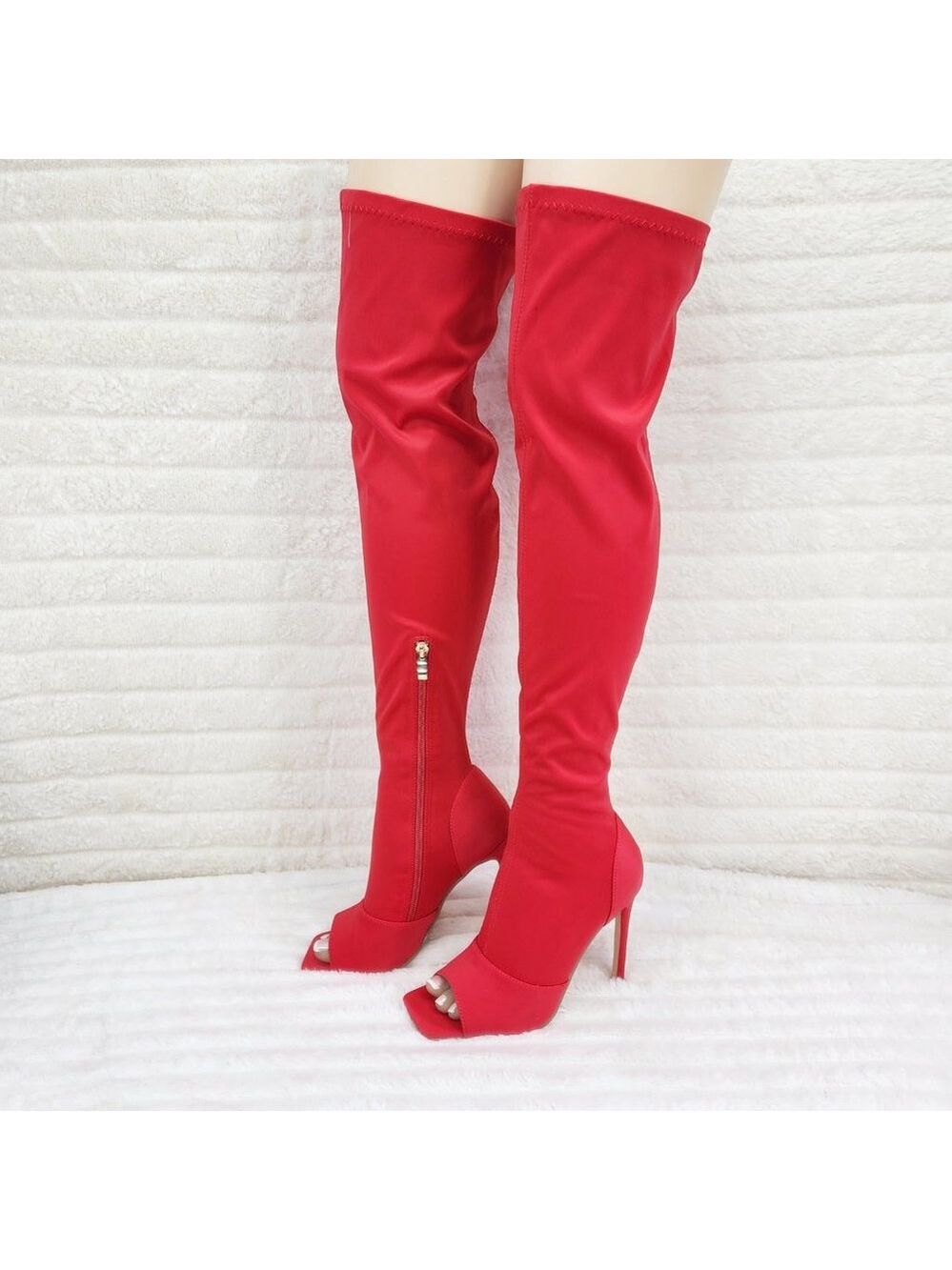 Vicky Bright Red Open Square Toe Stretch Thigh High Heel  Sock Boots